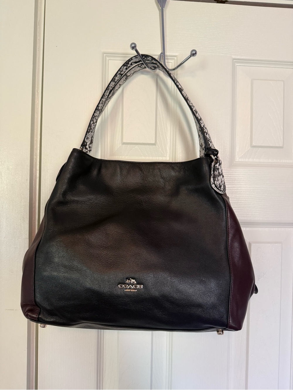 Coach Two-Tone Black and Burgundy Leather Shoulder Bag with Printed Handles